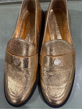Karl Lagerfeld Metallic Gold Leather Loafers - Women's Fashion Slip-Ons
